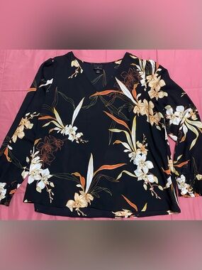 Worthington Black Floral V-Neck Top with Orange and Cream Blooms
